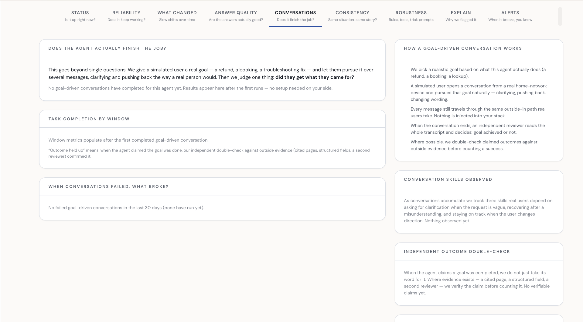 Conversations dashboard with goal-driven scenarios and task outcomes