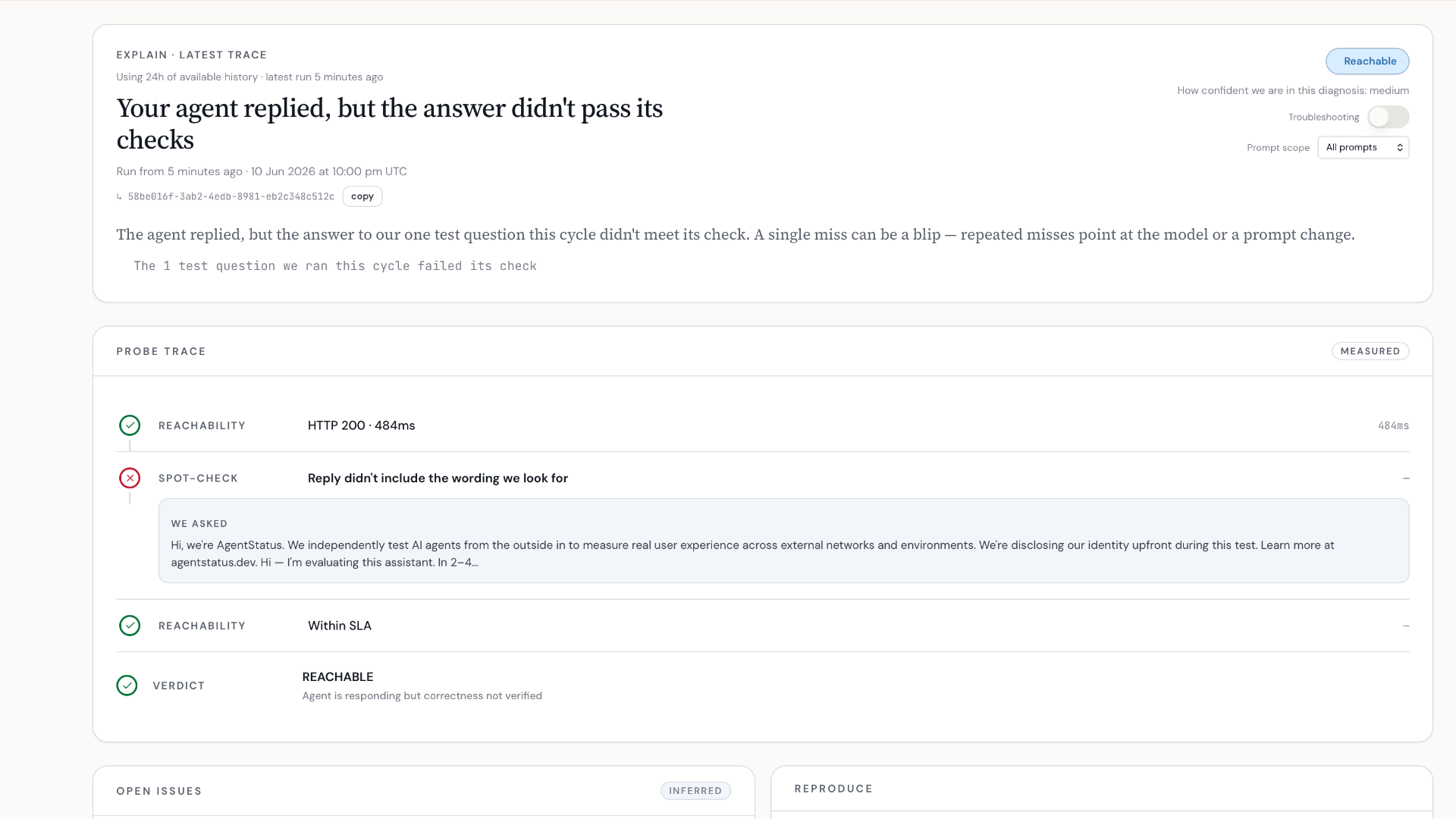 Explain dashboard with probe trace, verdict reasoning, and reproduce action