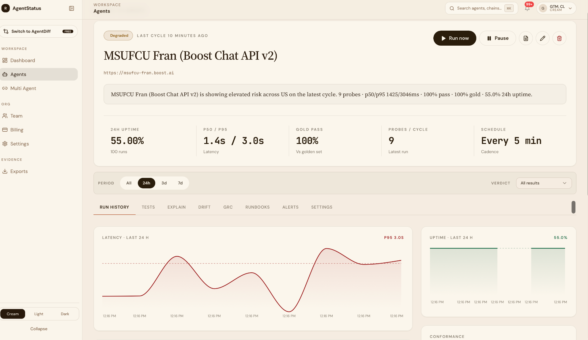 Agent detail showing latency, uptime, gold pass and run history