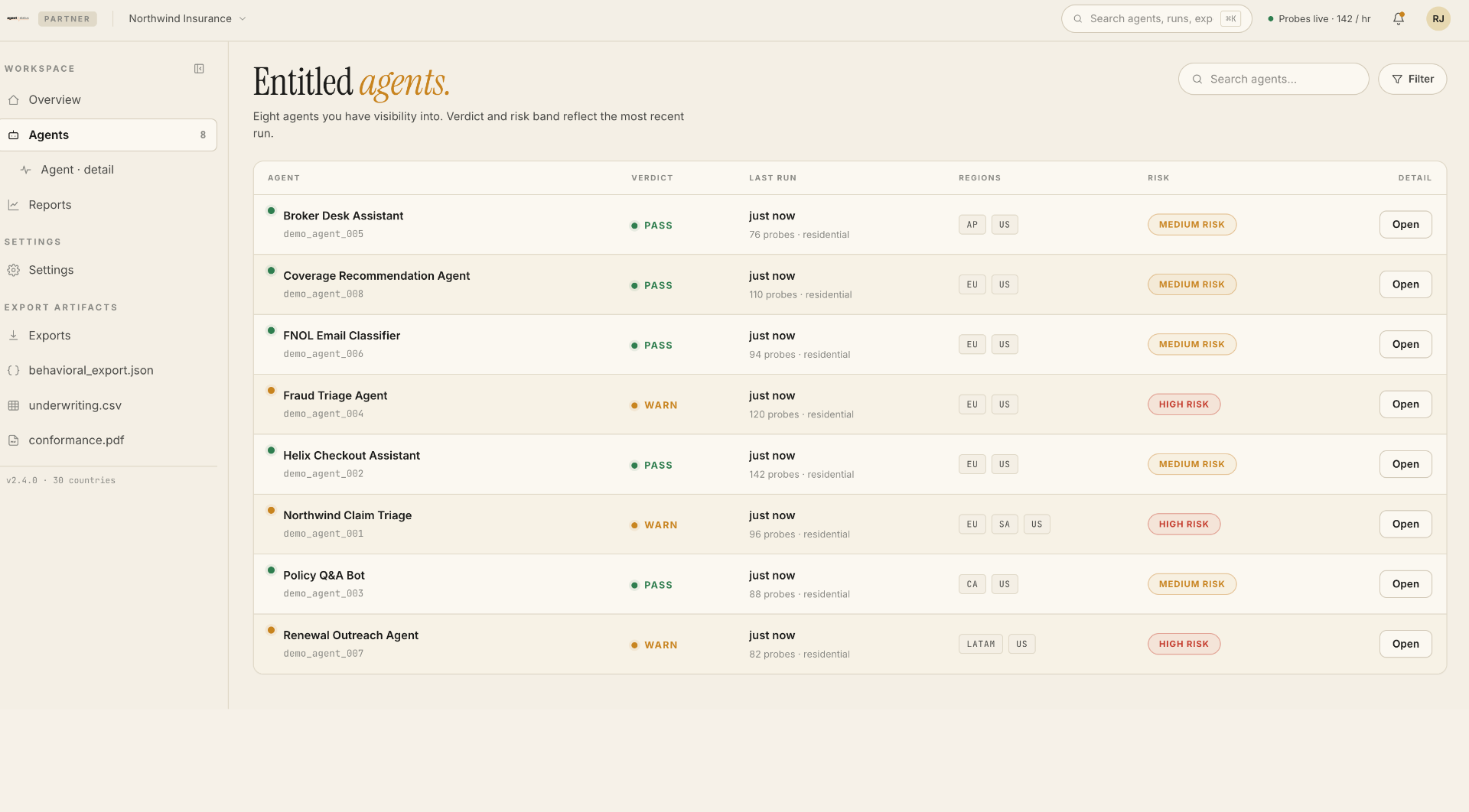 Multi-agent monitoring dashboard with health status and latency per agent