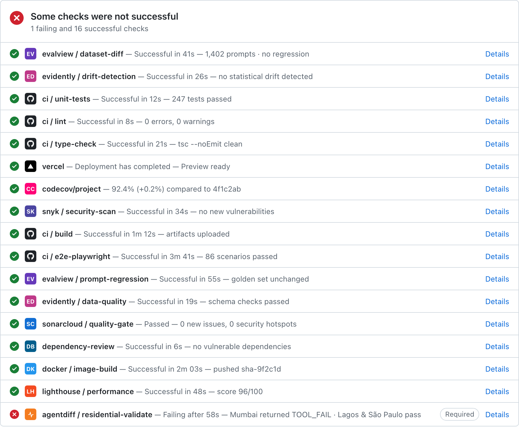 GitHub PR merge box — evalview, evidently, and ci checks pass while agentdiff / residential-validate fails after Mumbai returned TOOL_FAIL