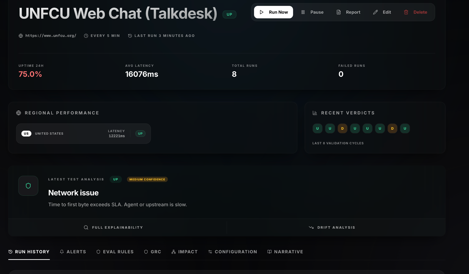 AgentStatus monitor for UNFCU's Talkdesk-powered web chat showing uptime, latency, regional performance, and recent verdicts.
