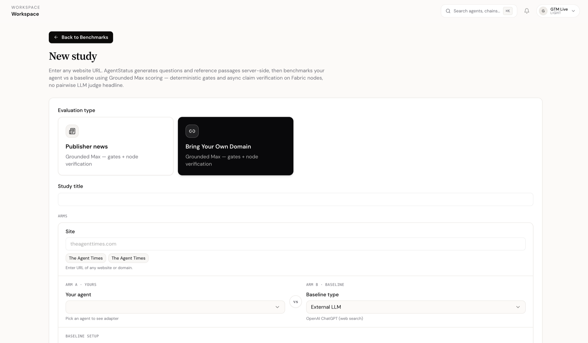 New study setup — pick evaluation type, site, and arms