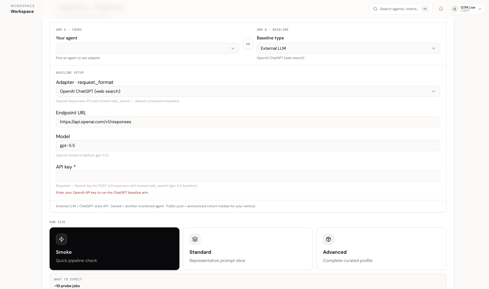Baseline setup — adapter, endpoint, and run size